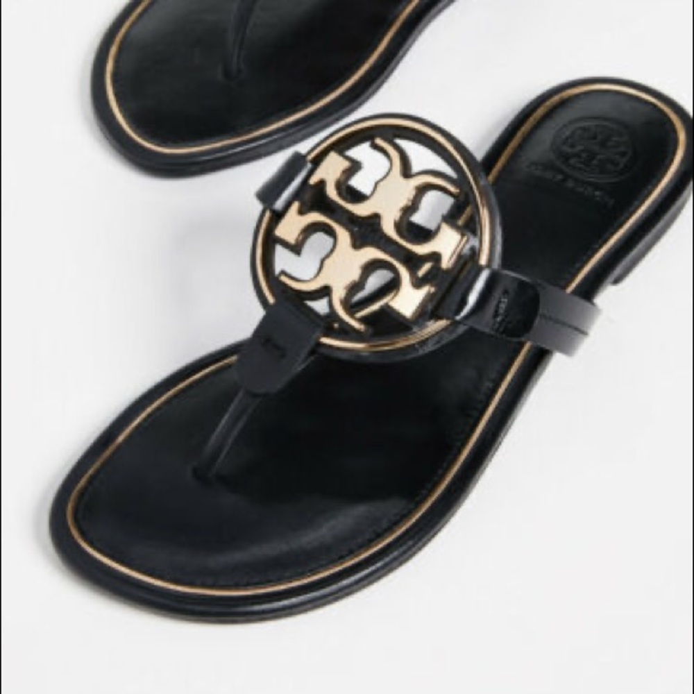 Tory Burch Miller Metal Sandals Black Leather Gold Metal Detail size 10.5